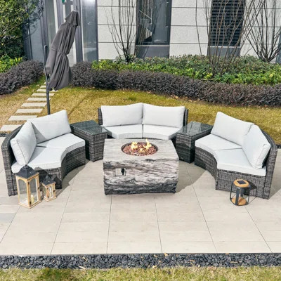 6 - Person Outdoor Dining Set With Fire Pit Table Cushions | Wayfair North America