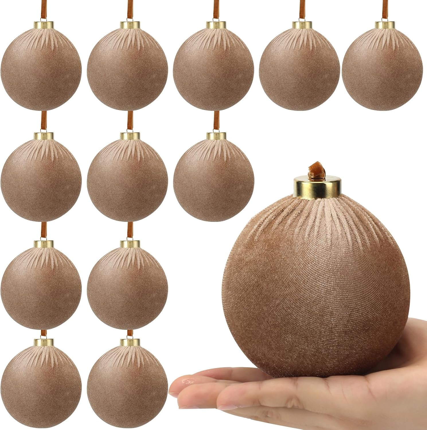 12 Pack Velvet Christmas Ball Ornaments Large Flocked Christmas Tree Hanging Ornaments Shatterproof Flocked Decorative Balls for Xmas Tree Decorations (Earth Brown, 4inch) | Amazon (US)