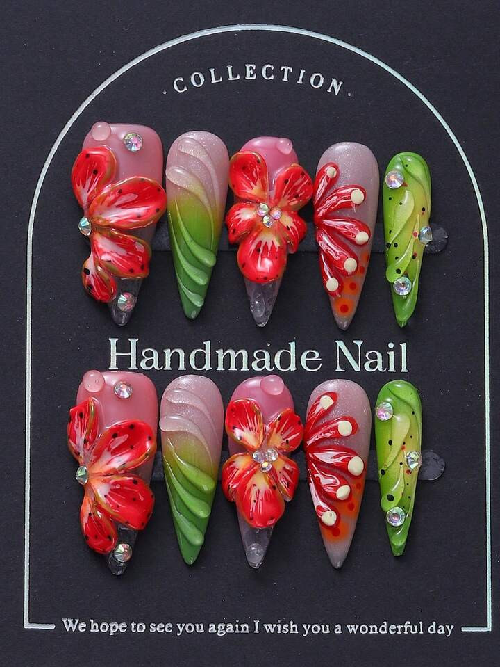 10pcs Set European & American Style Long Pointed Artificial Nails, Handpainted Gradient Tropical Floral 3D Carved Tie Dye Design, Diamond Encrusted, Luxury Handcrafted Nails, Y2K Baddie Aesthetic, Suitable For Women & Girls | SHEIN