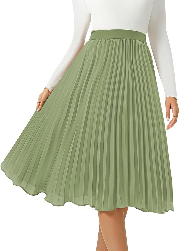 Women's Midi Skirt Elastic High Waist Pleated Skirt Knee Length Swing A-Line Casual Flowy Skirts ... | Amazon (US)