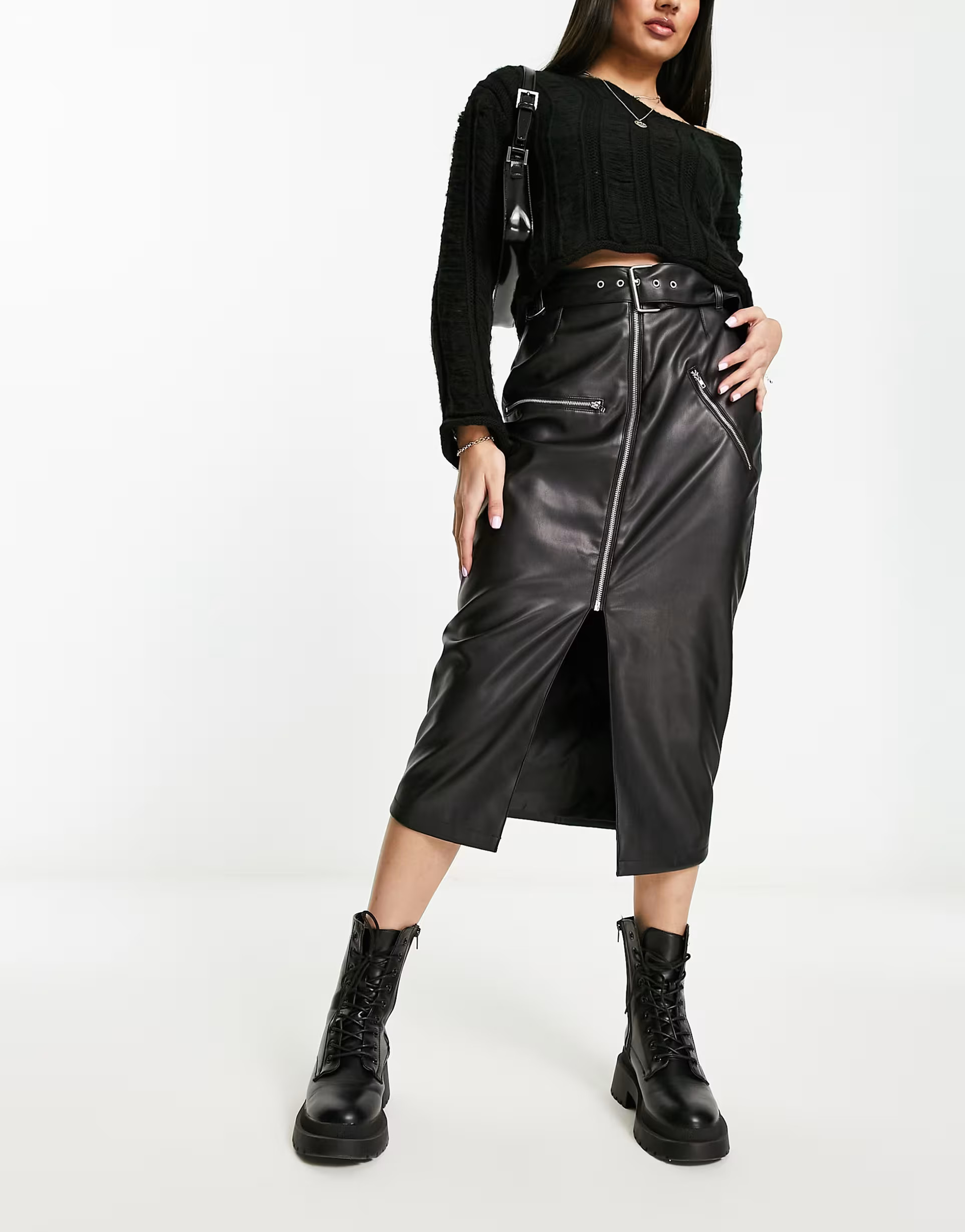 ASOS DESIGN faux leather biker midi skirt with belt in black | ASOS (Global)