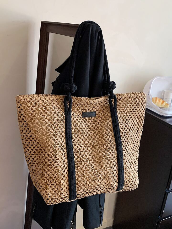 Fashionable Color-Blocking Straw Tote Bag,Versatile For With Elegant Shoulder Straps,Summer Essen... | SHEIN