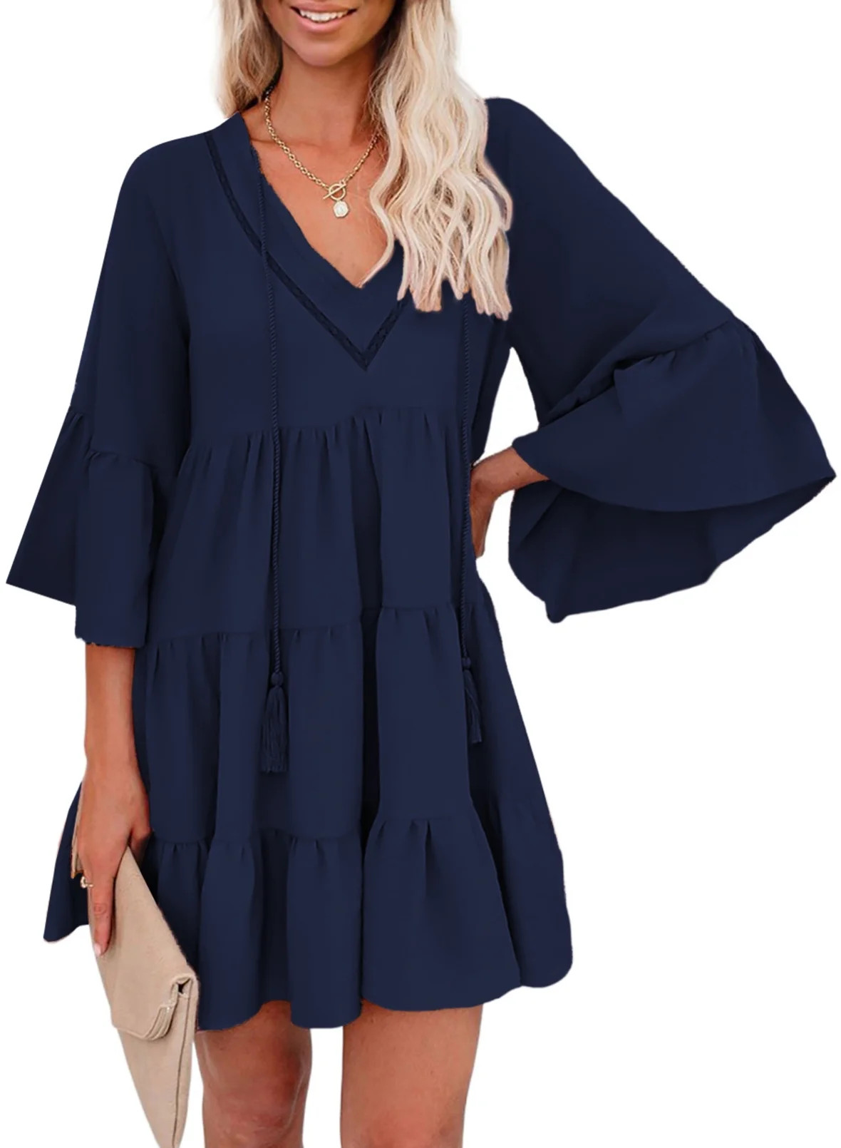 Dokotoo Women's Navy Blue Tassel Swing Mini Dresses V Neck Tunic Dress Loose Flowy Casual Bell Sl... | Walmart (US)