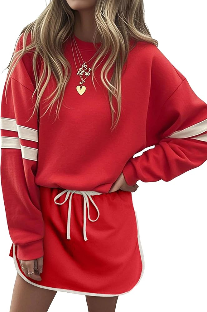 SELINK Womens Striped 2 Piece Outfit Tracksuit Oversized Lounge Set Casual Top and Skorts Matchin... | Amazon (US)