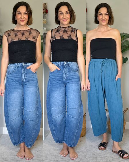 Quick Amazon try on! I’m 5’ 7 size 4ish
- barrel leg jeans: fit tts, I’m wearing size 4
- lace top: wearing S in both
- tube top: comes as a set with grey and white, I sized up to M
- drawstring pants: oversized fit, I’m wearing S
- sandals aren’t new but they fit narrow, I sized up 1/2 size 
- also linked the sweatshirt I forgot to take a pic of, I didn’t love the craftsmanship but maybe mine was a dud. I sized up to M and it was pretty big on me
Also linked the other sandals I wore on stories, they fit tts and are such nice quality!

#LTKShoeCrush #LTKFindsUnder50 #LTKStyleTip