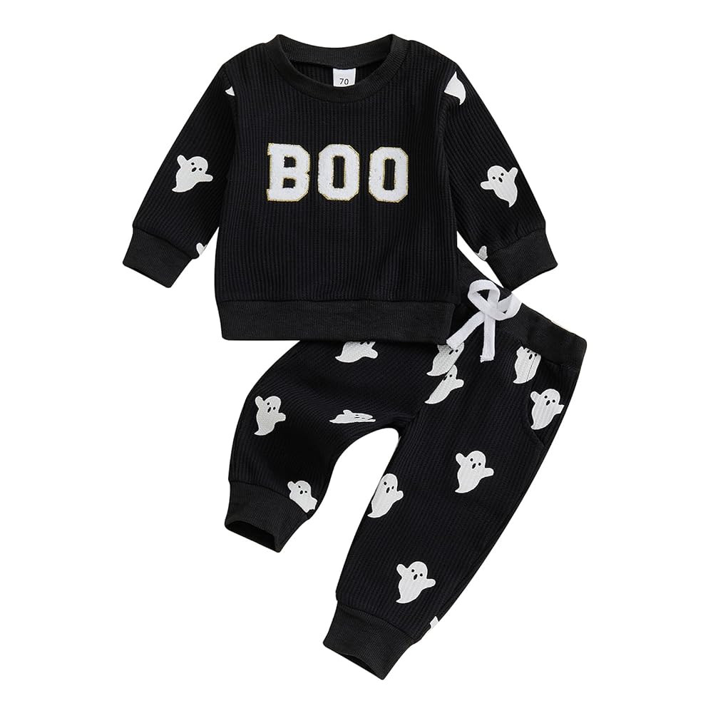 Toddler Boy Girl Halloween Outfit Embroidery Boo Crewneck Sweatshirt Ghost Pants Set Baby Fall Wi... | Amazon (US)
