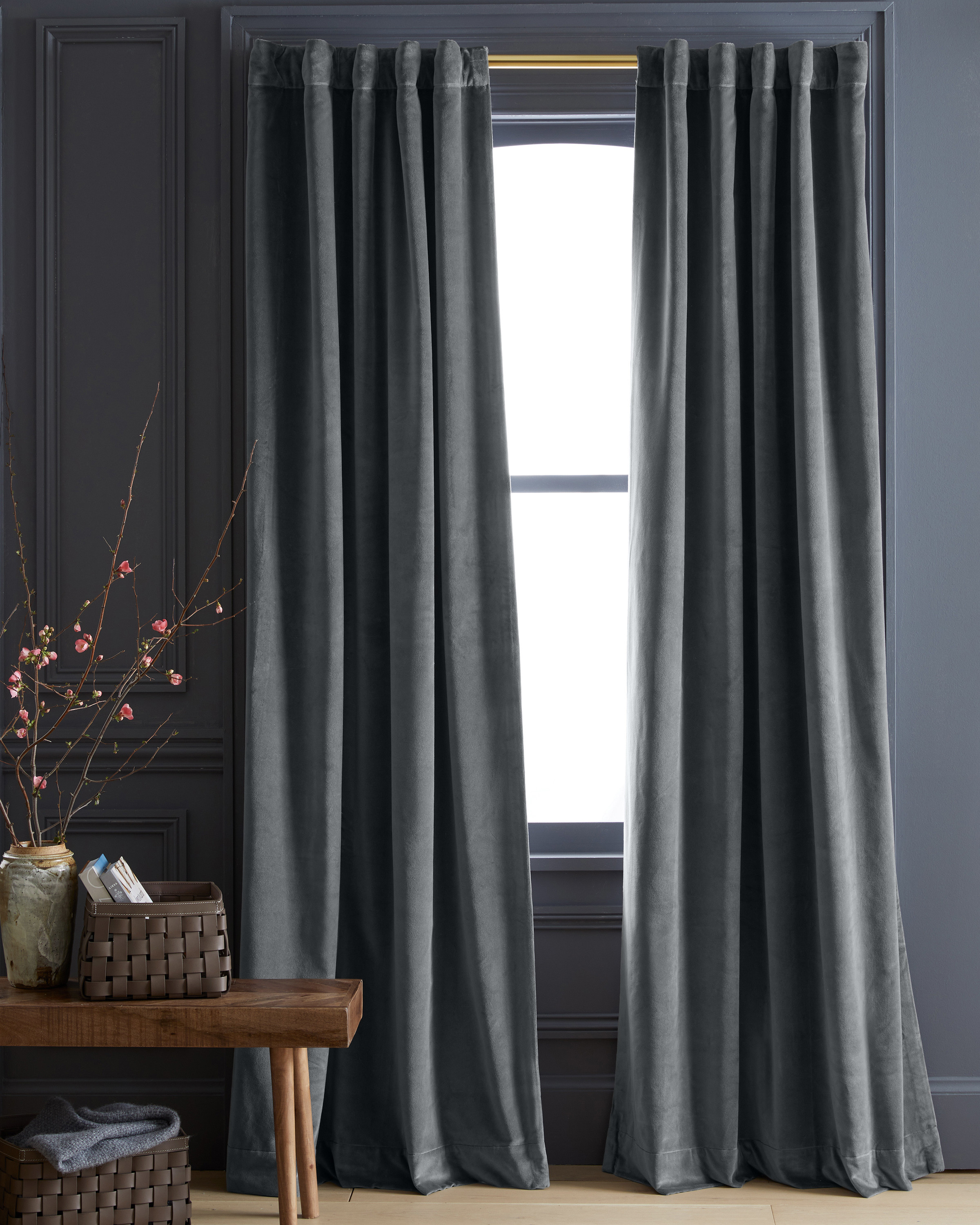 Quince | Cotton Velvet Room Darkening Curtain in Navy, Size 48x96 | Quince