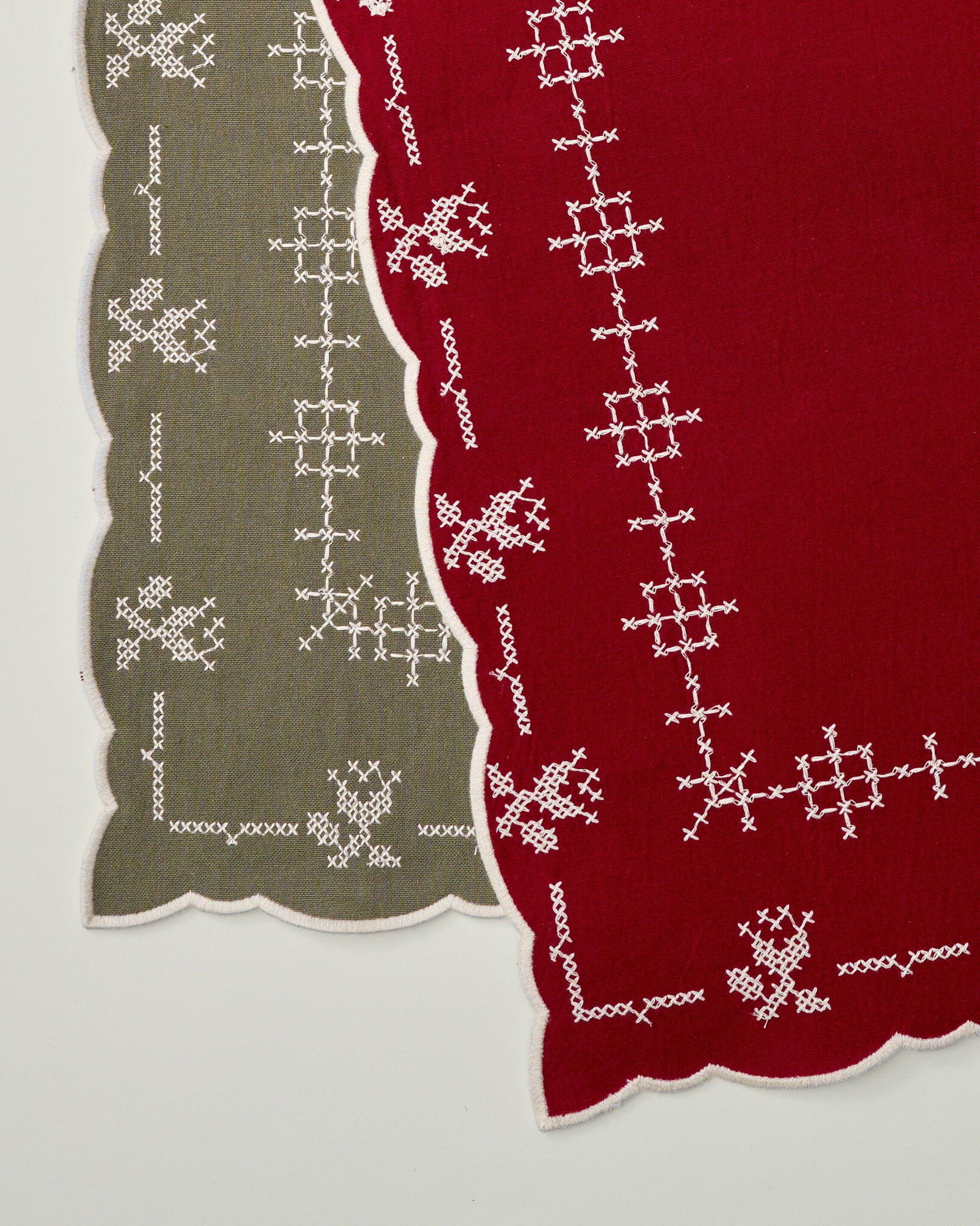 Olive + Red Cross Stitch Winter Tulip Reversible Table Runner - 73"x15" | Magnolia
