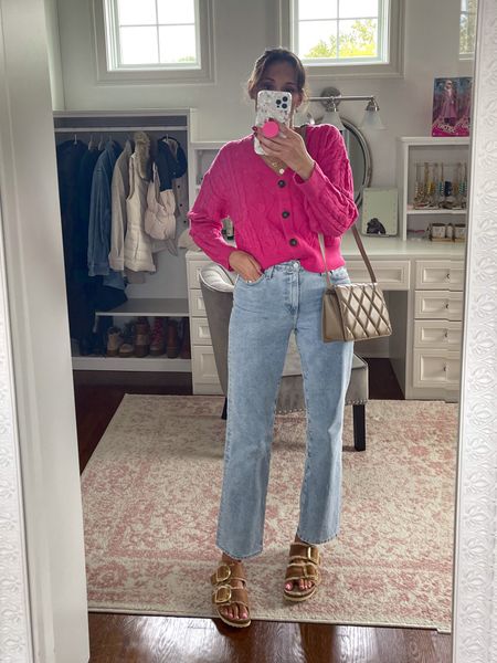 Straight leg vintage jeans, pink cardigan, shearling Birkenstocks, crossbody bag, easy fall outfit - this amazon cardigan is SO soft and runs true to size. I’m in my usual medium. 

#LTKSeasonal #LTKshoecrush #LTKstyletip
