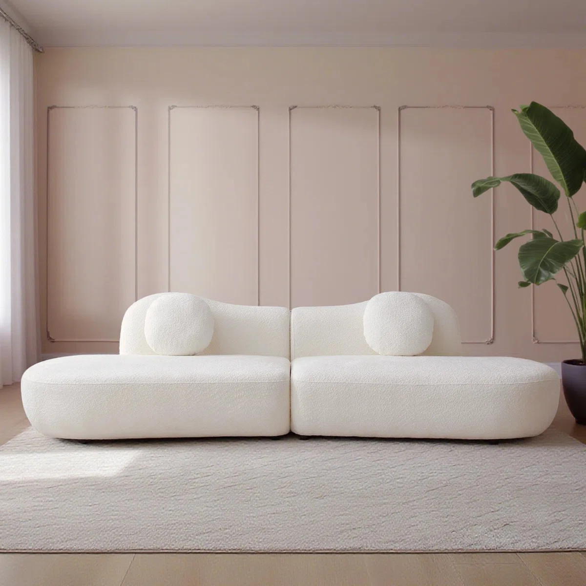 112" Modern Curved Sectional Sofa, Butterfly Backrest, Boucle 5-seater With 3 Pillows, Solid Wood... | Wayfair North America