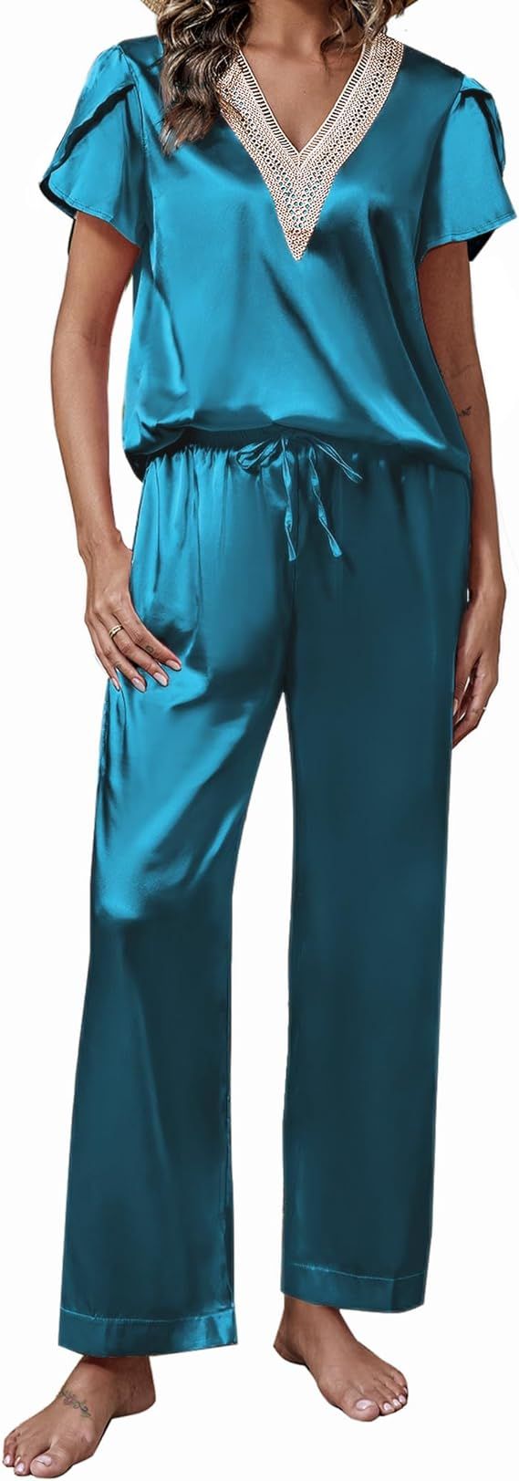 HBZDQB Womens Satin Pajama Sets V Neck Short Petal Sleeve Sleepwear Silk Top with Causal Long Pj ... | Amazon (US)