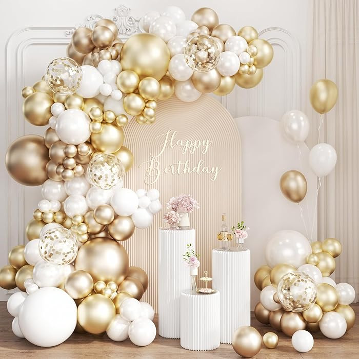 White and Gold Balloon Garland Arch Kit, 167Pcs Metallic Champagne Gold Pearl White Gold Confetti... | Amazon (US)