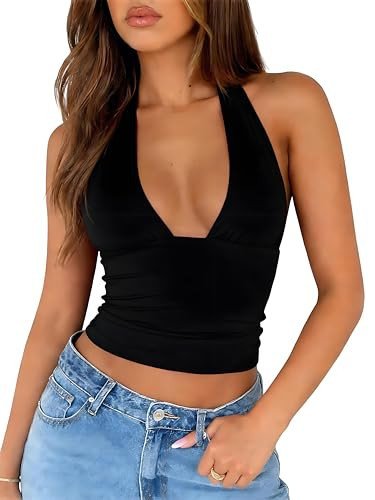 ForeFair Women's Sexy Halter Neck Backless Tank Top Deep V Neck Sleeveless Open Back Y2K Slim Fit Summer Crop Tops(XS,Black) | Amazon (US)