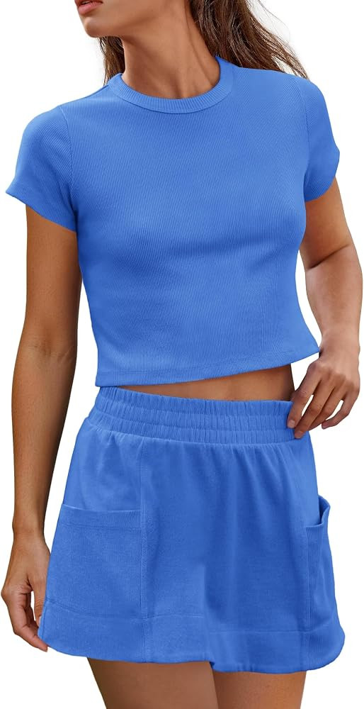 Nirovien Womens 2 Piece Skirt Sets Two Piece Workout Sets Summer Beach Vacation Outfits Short Sle... | Amazon (US)