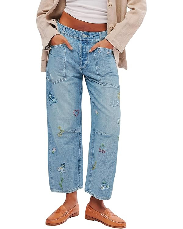LifeShe Women's Embroidered Barrel Jeans Low Rise Wide Leg Denim Pants Stretchy Baggy Boyfriend T... | Amazon (US)