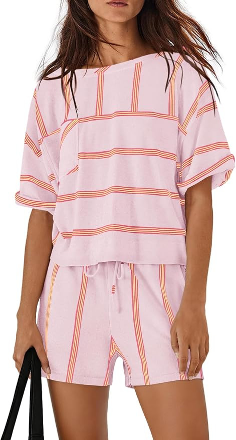 Yanekop Womens Striped Shorts Set Summer 2 Piece Lounge Set Vacation Short Sleeve Tops Drawstring... | Amazon (US)