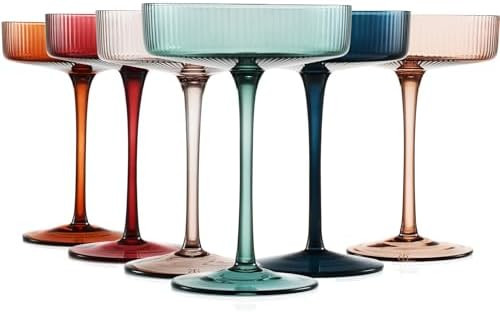 Colored Vintage Art Deco Coupe Glasses - Martini, Cocktail & Champagne Ribbed Glasses 7oz | Set o... | Amazon (US)