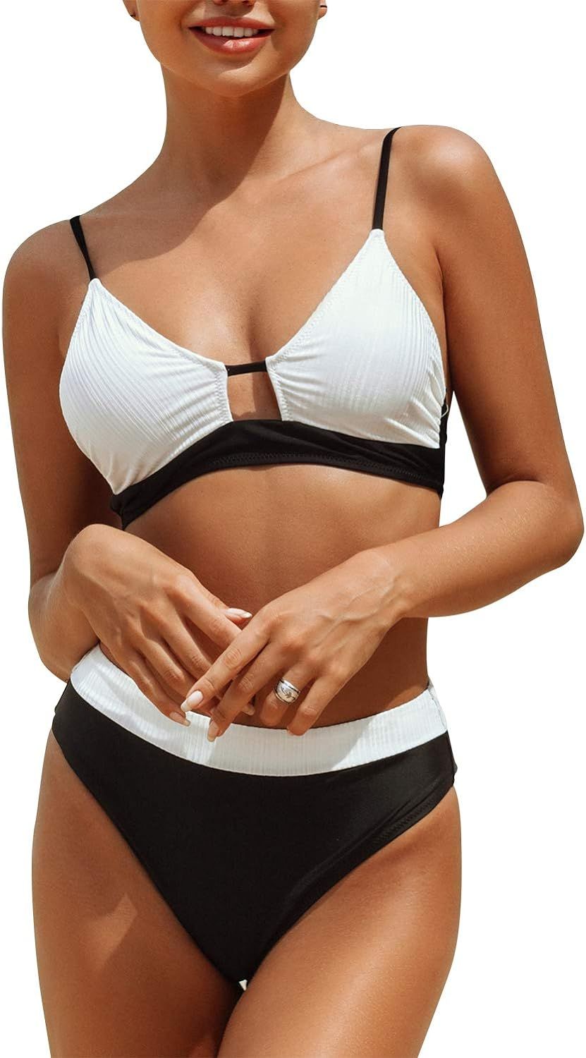 CUPSHE Women's High Waisted Bikini Set Colorblock Adjustable Straps Two Piece Swimsuits | Amazon (US)