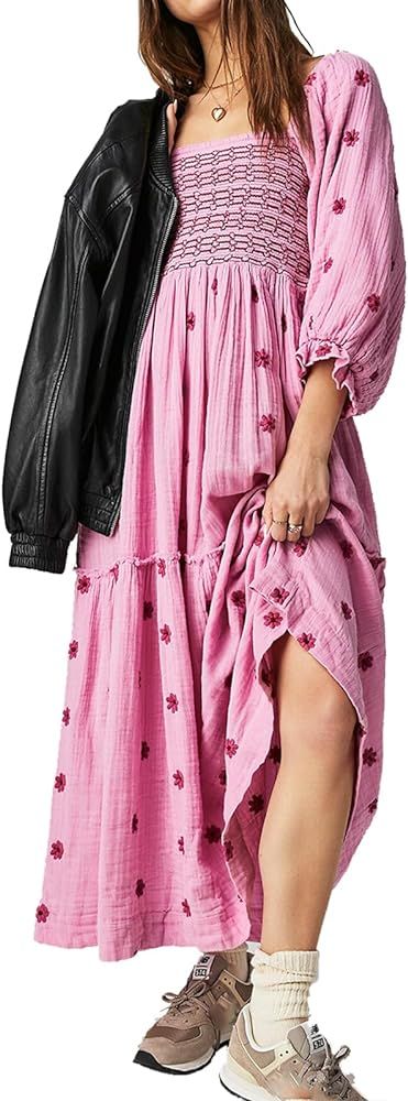 Women Floral Embroidered Maxi Dress Long Puff Sleeve Square Neck Bohemian Flowy Dress with Pocket... | Amazon (US)