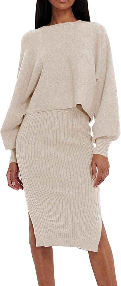 Pink Queen Women's 2 Piece Sweater Outfit Sets Puff Long Sleeve Knit Top and Bodycon Slit Midi Sk... | Amazon (US)