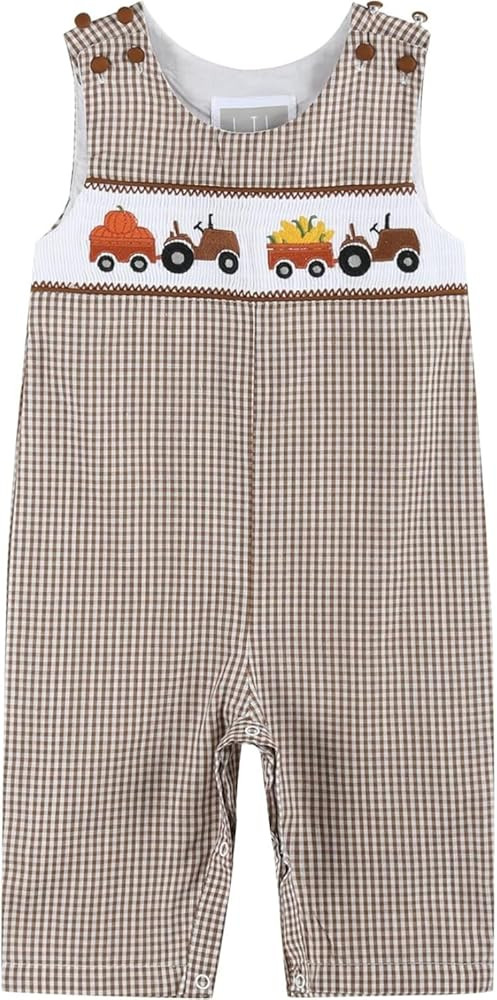 Lil cactus Brown Gingham Pumpkin and Corn Tractor Smocked Overalls | Amazon (US)