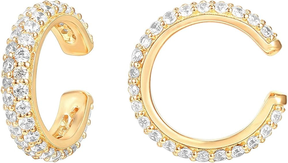 PAVOI 925 Sterling Silver 14K Gold Plated Cubic Zirconia Sparkling Round Huggie Ear Cuff Gold Ear... | Amazon (US)