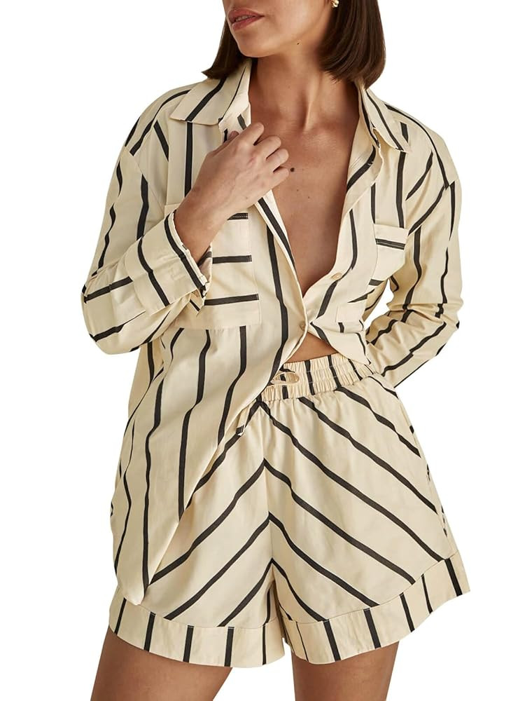 Tankaneo Womens Striped 2 Piece Outfits Button Down Shirts and Shorts Lounge Matching Sets | Amazon (US)