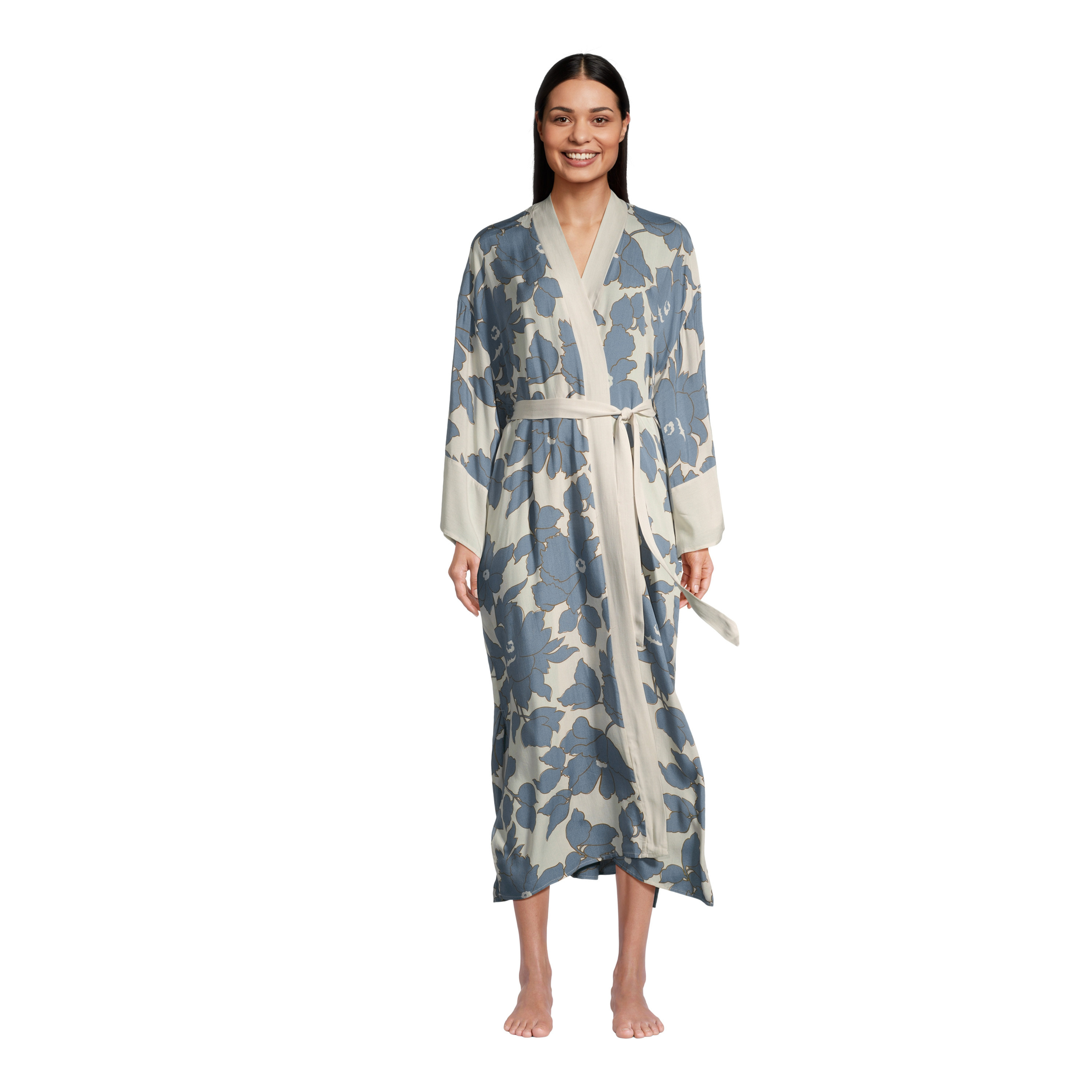 Sabah Ivory And Blue Modern Floral Robe | World Market