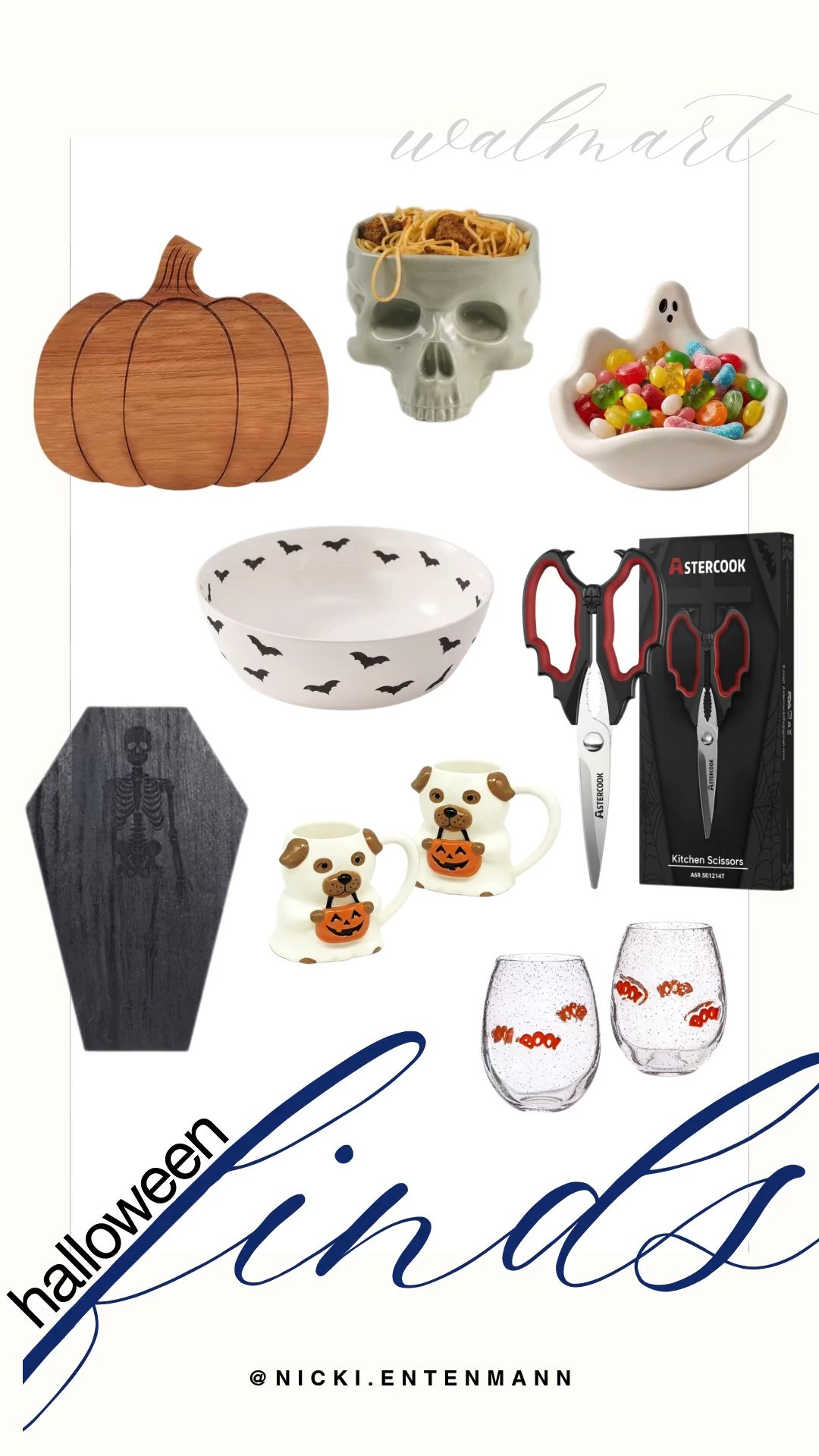 Walmart’s festive kitchen finds feature playful Halloween pieces like a wooden pumpkin cutting board, a ceramic skull ramen bowl, a ghost candy dish, and bat-print serving ware. Additional spooky tabletop touches include pug-in-costume mugs, "BOO" stemless wine glasses, a skeleton-etched coffin board, and themed kitchen shears. These affordable items make it easy to bring a touch of seasonal fun to your kitchen and dining spaces.

#walmart #walmartfinds #halloweendecor #kitchendecor #spookyseason #fallhomedecor 

 #LTKSeasonal #LTKHome #LTKSaleAlert