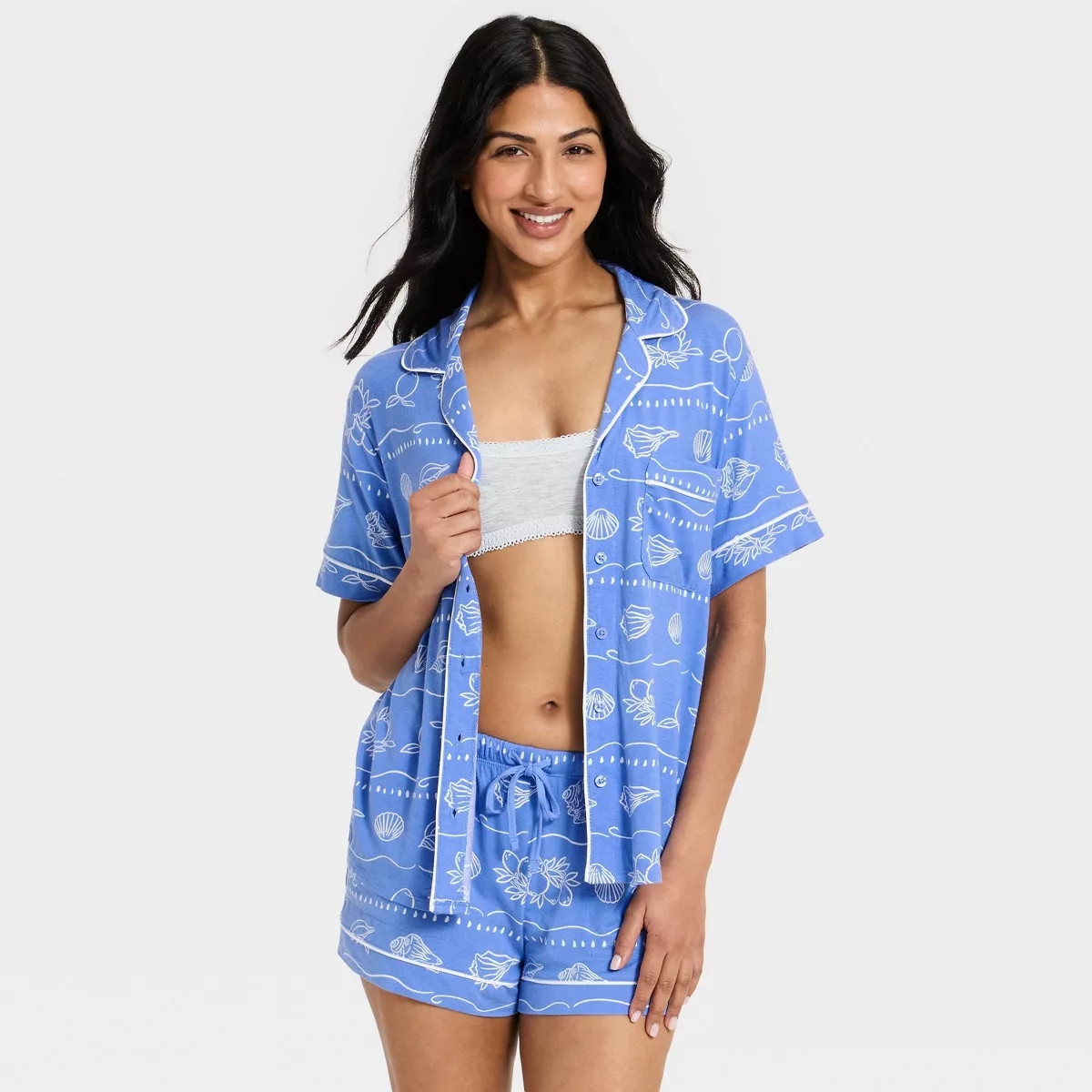 Women's Cloud Knit Short Sleeve Notch Collar Shirt and Shorts Pajama Set - Auden™ Blue Shells M | Target