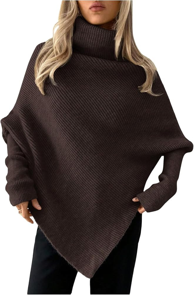 Milumia Women's Turtleneck Asymmetrical Poncho Sweater Dolman Long Sleeve Oversized Knit Tops | Amazon (US)