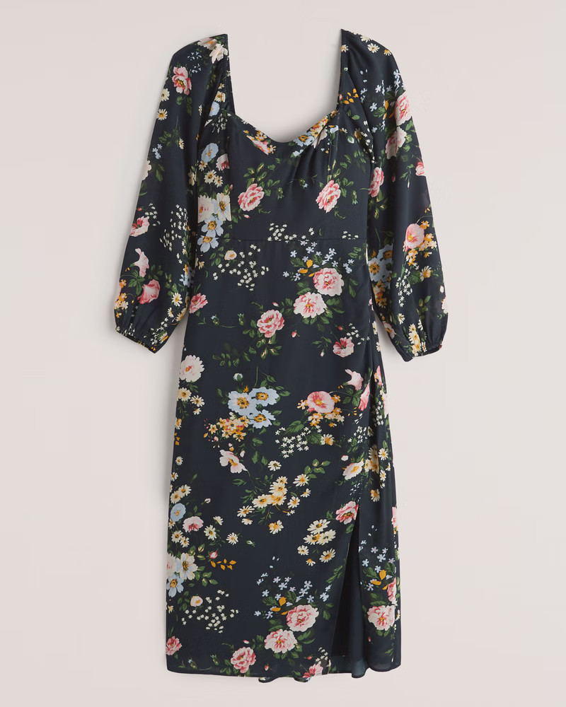 Long-Sleeve Draped Skirt Midi Dress | Abercrombie & Fitch (US)