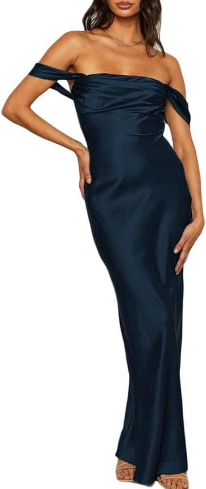 Realtix Elegant Satin Off The Shoulder Backless Maxi Dress Sexy Outfits Sexy Date Night Outfit Fall | Amazon (US)