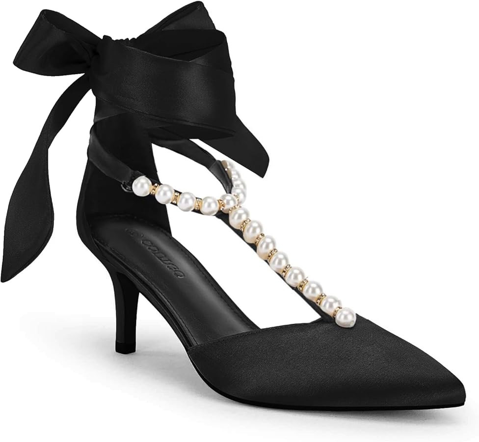 Coutgo Womens Low Kitten Pearl Heels T Strap Ankle Wrap Lace up Pumps Pointed Toe Satin Dress Sho... | Amazon (US)