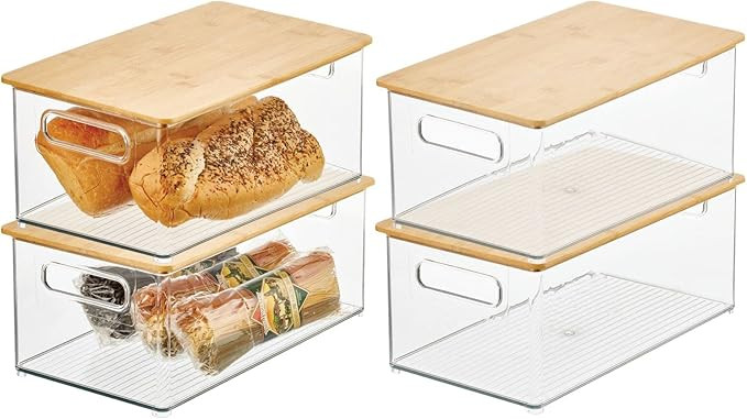 mDesign Plastic Stackable Storage Organizer Container Bin with Handles, Bamboo Wood Lid; for Kitc... | Amazon (US)