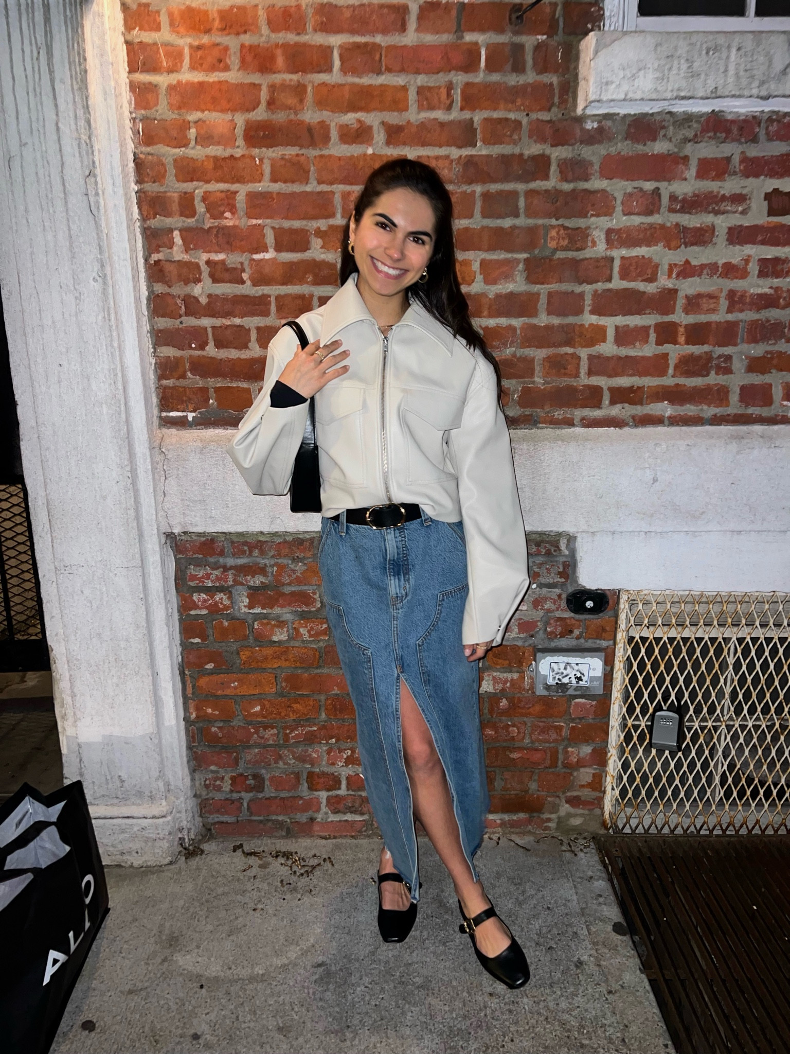 denim maxi skirt, crop tan leather oversized jacket, black ballet flats, black belt 

#LTKSeasonal