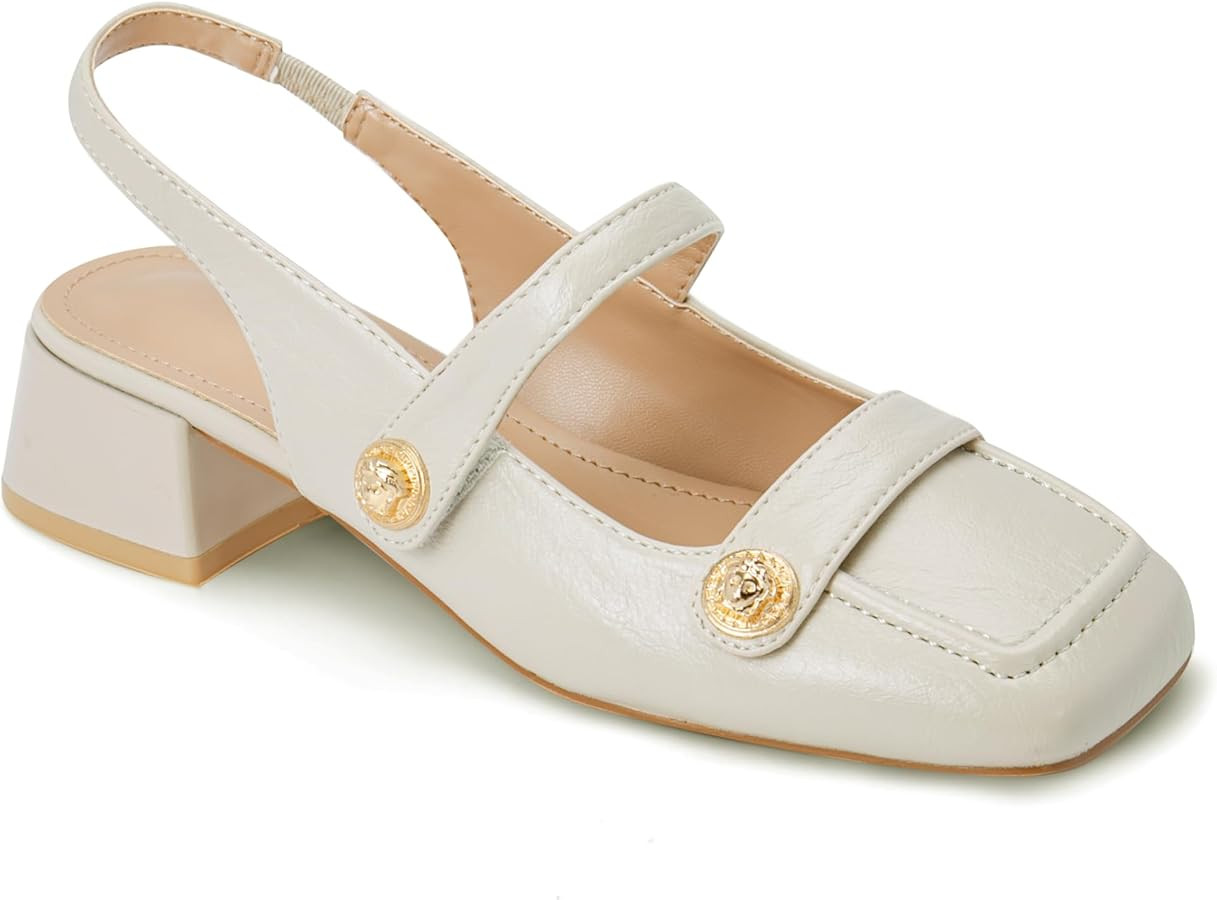 Slingback Mary Jane Heels for Women Low Block Heel Closed Square Toe Pump Shoes Heels Classic Dai... | Amazon (US)