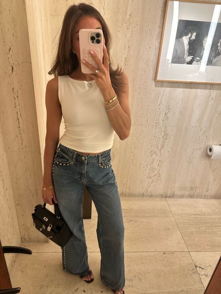 Studded jeans spring jeans white tank small 25 jeans reformation 