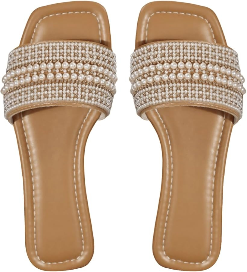 OYOANGLE Women's Pearls Decor Sandals Square Open Toe Dressy Flats Beaded Slip On Slides | Amazon (US)