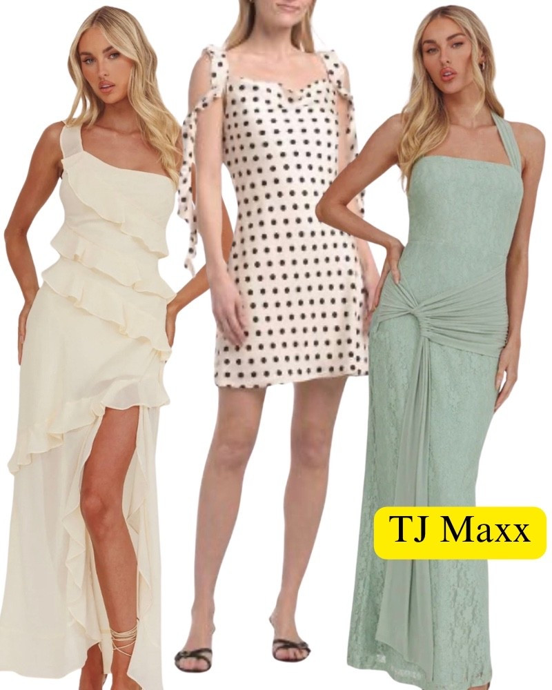 Designer dresses on sale at TJ Maxx, butter, yellow, ruffle, maxi dress, wedding guest, polkadot, midi, dress, green, spring, summer.

#LTKWedding #LTKSaleAlert