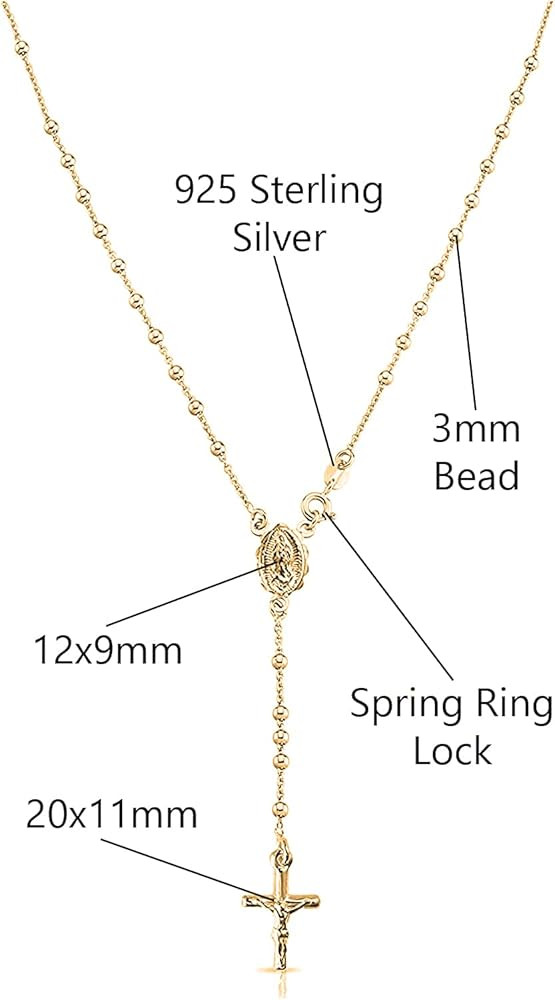 Savlano 925 Sterling Silver Italian Solid Bead Chain Cross & Rosary Virgin Mary Pendant -18K Gold... | Amazon (US)