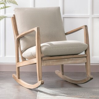 Linen Upholstered Rocking Chair Nursery Chair, Ergonomic Vertical Bars for Backrest, Solid Wood B... | Bed Bath & Beyond