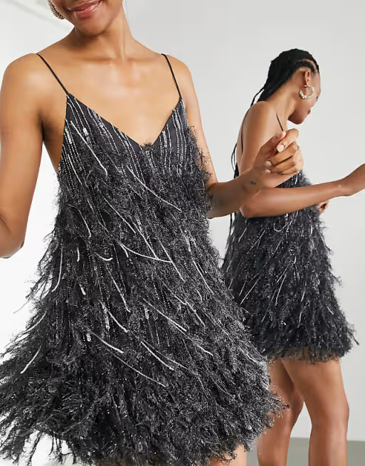 ASOS EDITION feather & sequin mini dress with low back in charcoal | ASOS (Global)