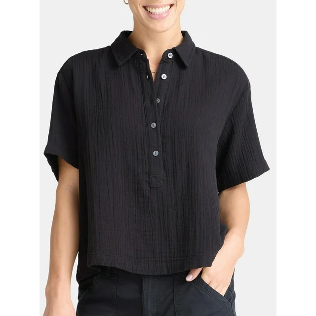 Time and Tru Women's Cotton Double Cloth Cropped Shirt, Size XS-XXXL - Walmart.com | Walmart (US)