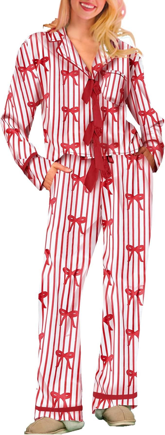 Faretumiya Cute Christmas Pajamas Women Bow Tie Long Sleeve Shirt Pants Pj Set Xmas Graphic Print... | Amazon (US)