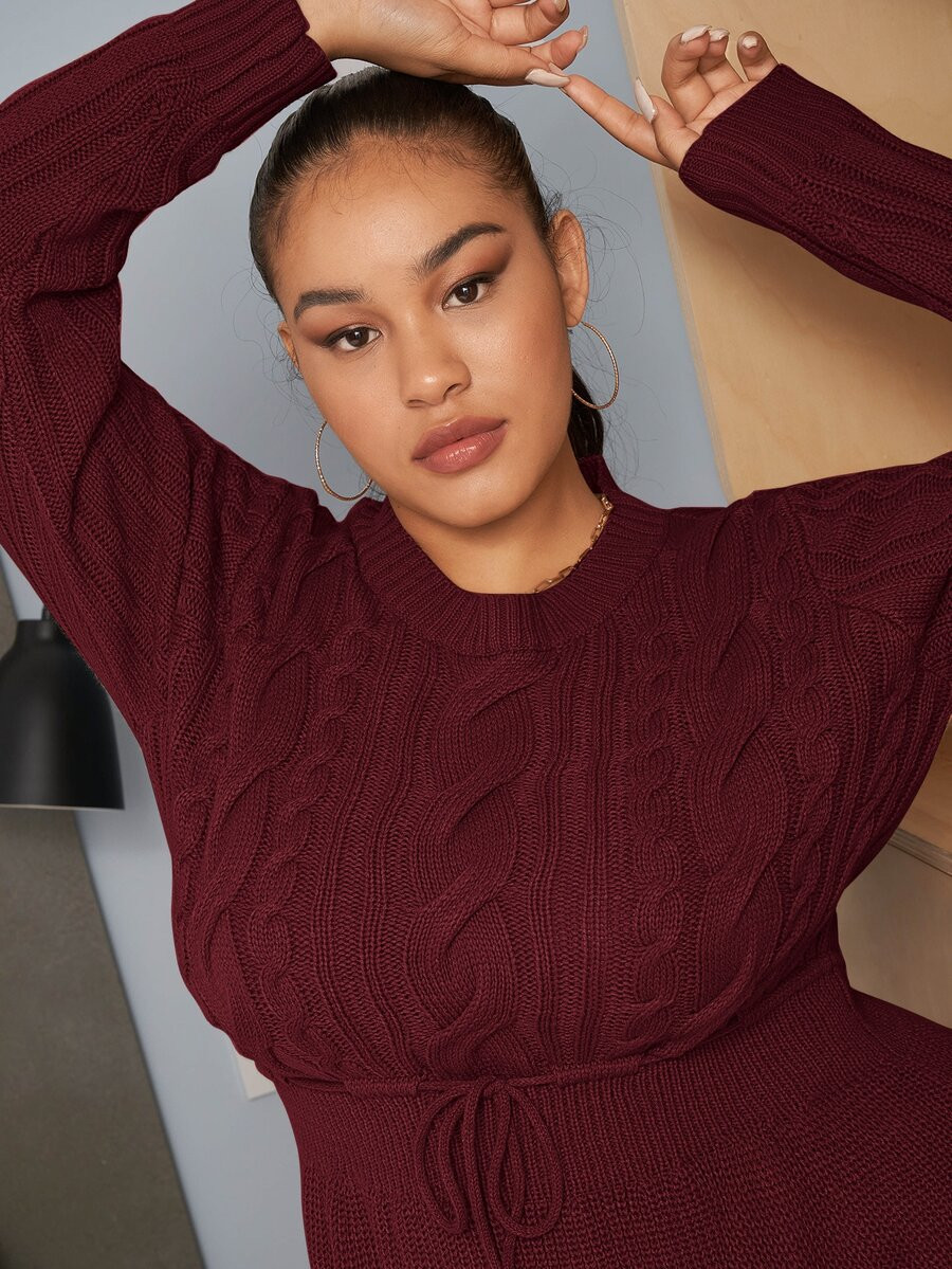 Plus Cable Knit Drawstring Waist Sweater Dress | SHEIN