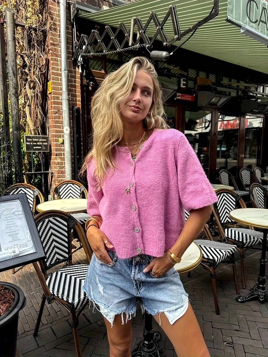 Women's V-Neck Short Sleeve Cardigan, Front Button Decor, Minimalist & Fashionable Casual Style, ... | SHEIN