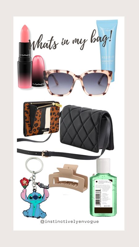 What’s in my quilted shoulder bag right now!
Mac lipstick 
Sunglasses 
Hand cream 
Small wallet
Claw clip 
Hand sanitizer 
Lilo and stitch keychain 
Claw clip

#LTKbeauty #LTKGiftGuide #LTKstyletip