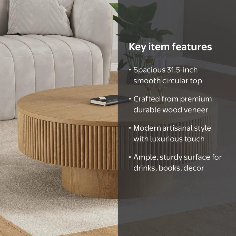Gelloan 31.5" Round Fluted Coffee Table, Modern Wood Circle Coffee Table, Veneer Handcrafted Reli... | Walmart (US)