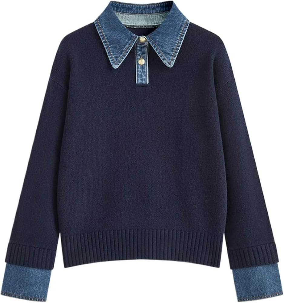 Collar Denim Blend Knit Pullover Sweater Fashionable Yoke Design Casual Comfortable Soft Warm Win... | Amazon (CA)
